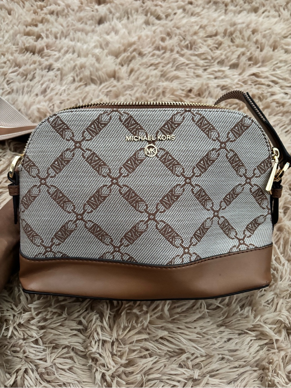 MICHAEL KORS Tan and Cream Monogram Crossbody Bag